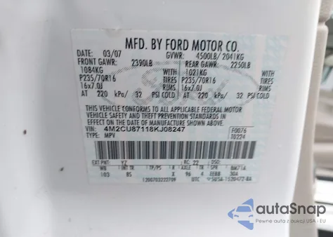 2008 Mercury Mariner Premier z USA, uszkodzony, nr VIN 4M2CU87118KJ08247